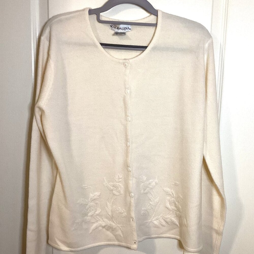 Magdalena Women's Vintage White Cardigan Embroidery Button Down Front Luxury